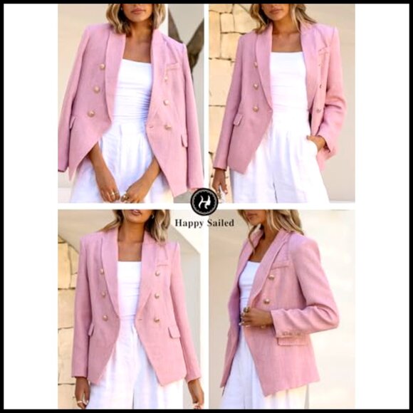 Tweed Blazer Double Breasted Slim Fit Long Sleeve Work Office Casual - Picture 4 of 7